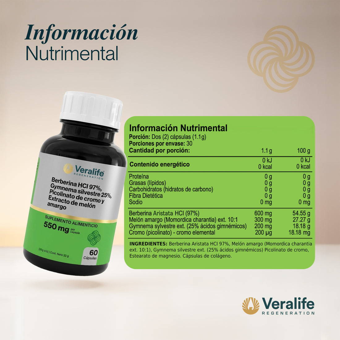 Berberina HCl 97%: información nutrimental e ingredientes
