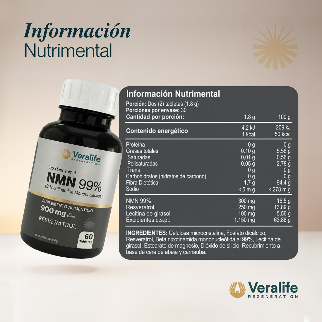 NMN 99% con Resveratrol: información nutrimental e ingredientes